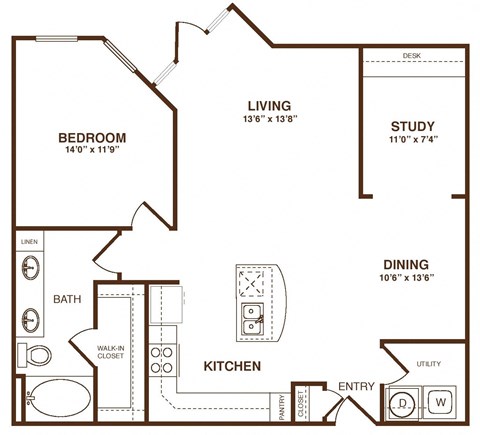 Floor plan for 1 bed, 1 bath, 983 sqft